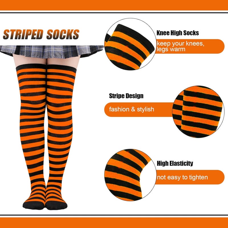 Barrlves Store 2/4 Sets Womens Striped Knee High Socks Long Knitted Arm Warmers Fingerless Gloves for Halloween Costume - Image 4